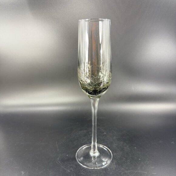 Pier 1 Smokey Black Crackle Glass Flute Drinking Glasses Set 2 Clear Bottom - Picture 10 of 13
